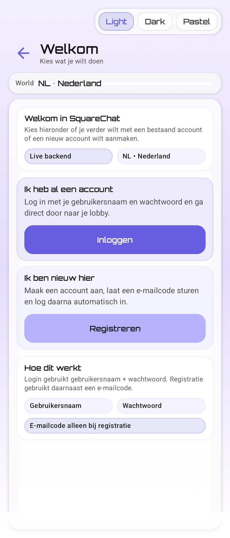 SquareChat startscherm op Android
